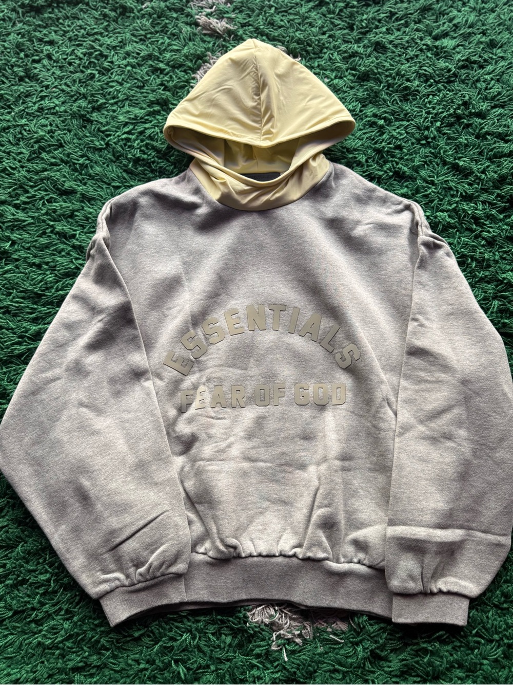 Fear of God Essentials Hoodie — Light Gray Body with Cream Hood